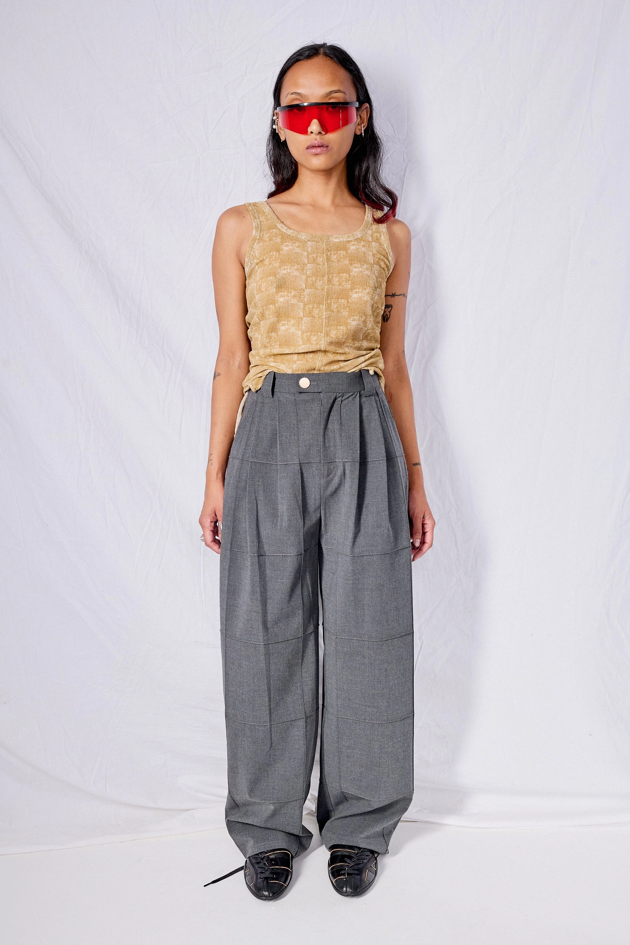 Grey Double TR Pintuck Straight Pants Basic Stretch