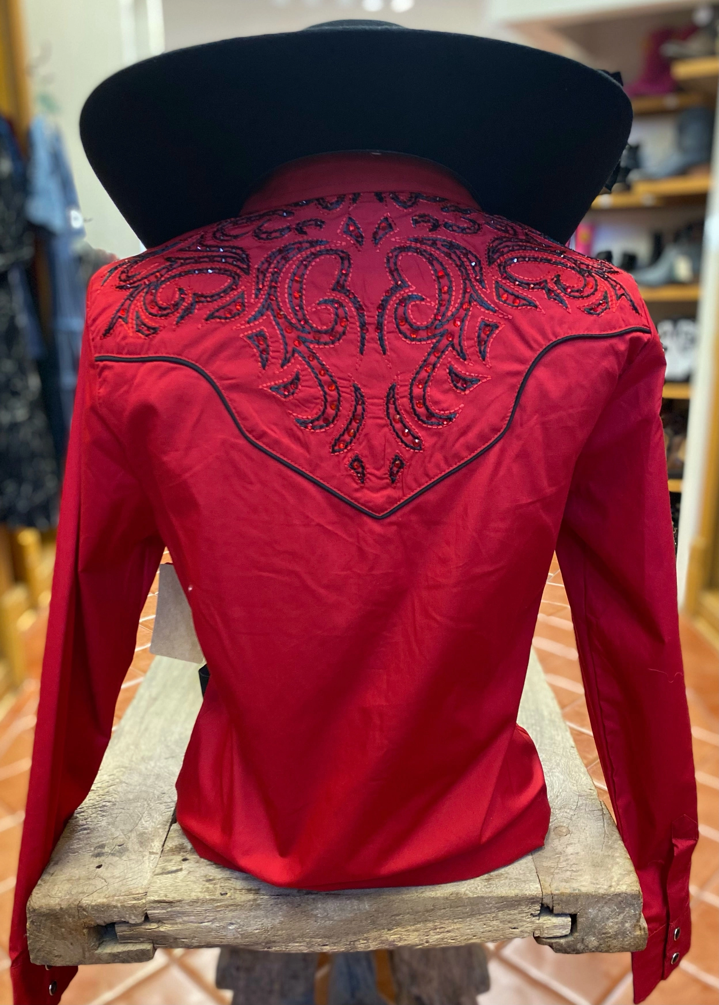 RED Ladies Fancy Western Blouse w/ Embroidery & Crystal Accents RecycledBlend