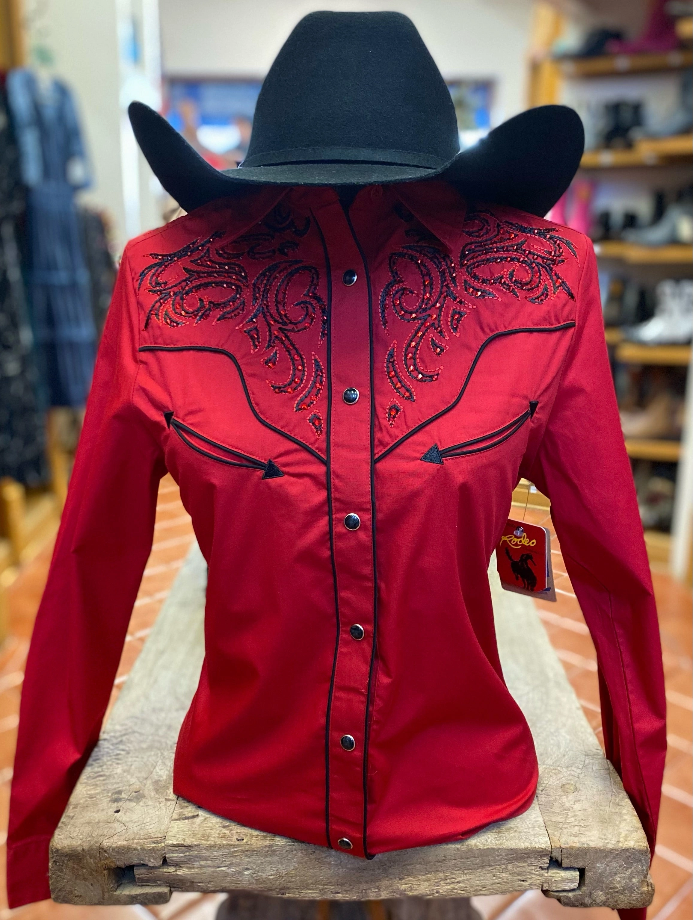RED Ladies Fancy Western Blouse w/ Embroidery & Crystal Accents EcoFriendlyDye OdorResistant