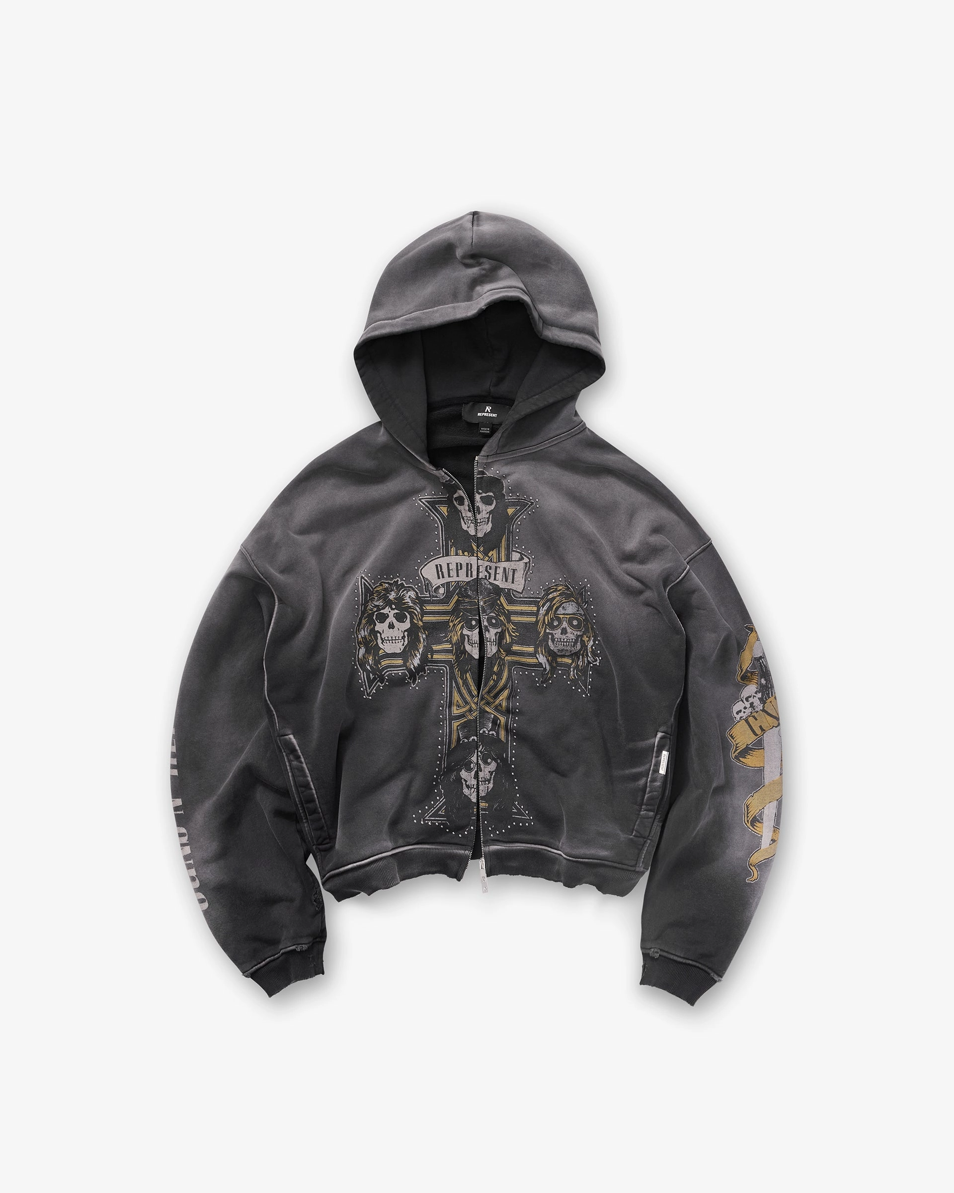 Represent X Guns N' Roses Cross Zip Through Hoodie - Stained Black presentation outfit Sport Night