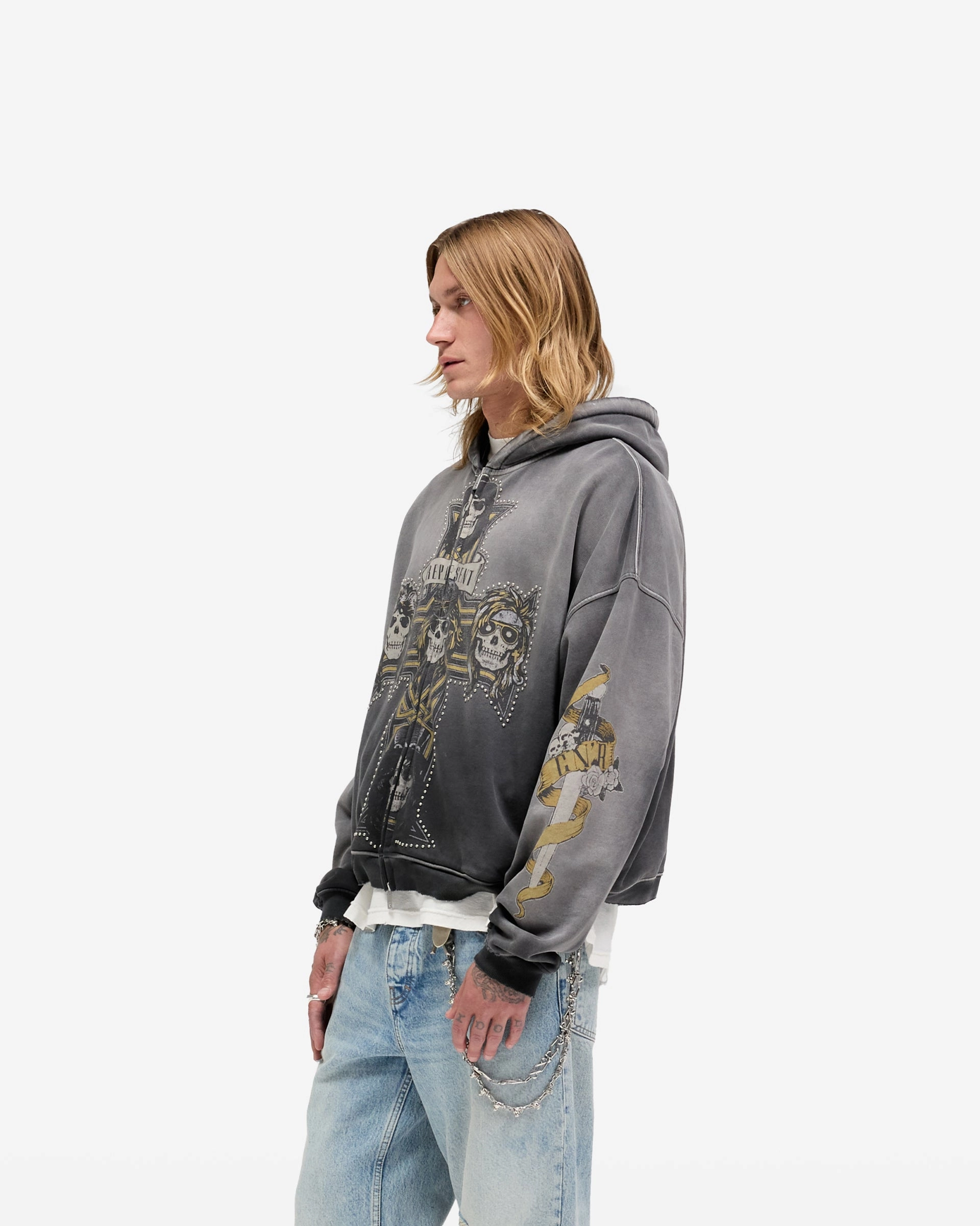 Represent X Guns N' Roses Cross Zip Through Hoodie - Stained Black Freelancer Uniform