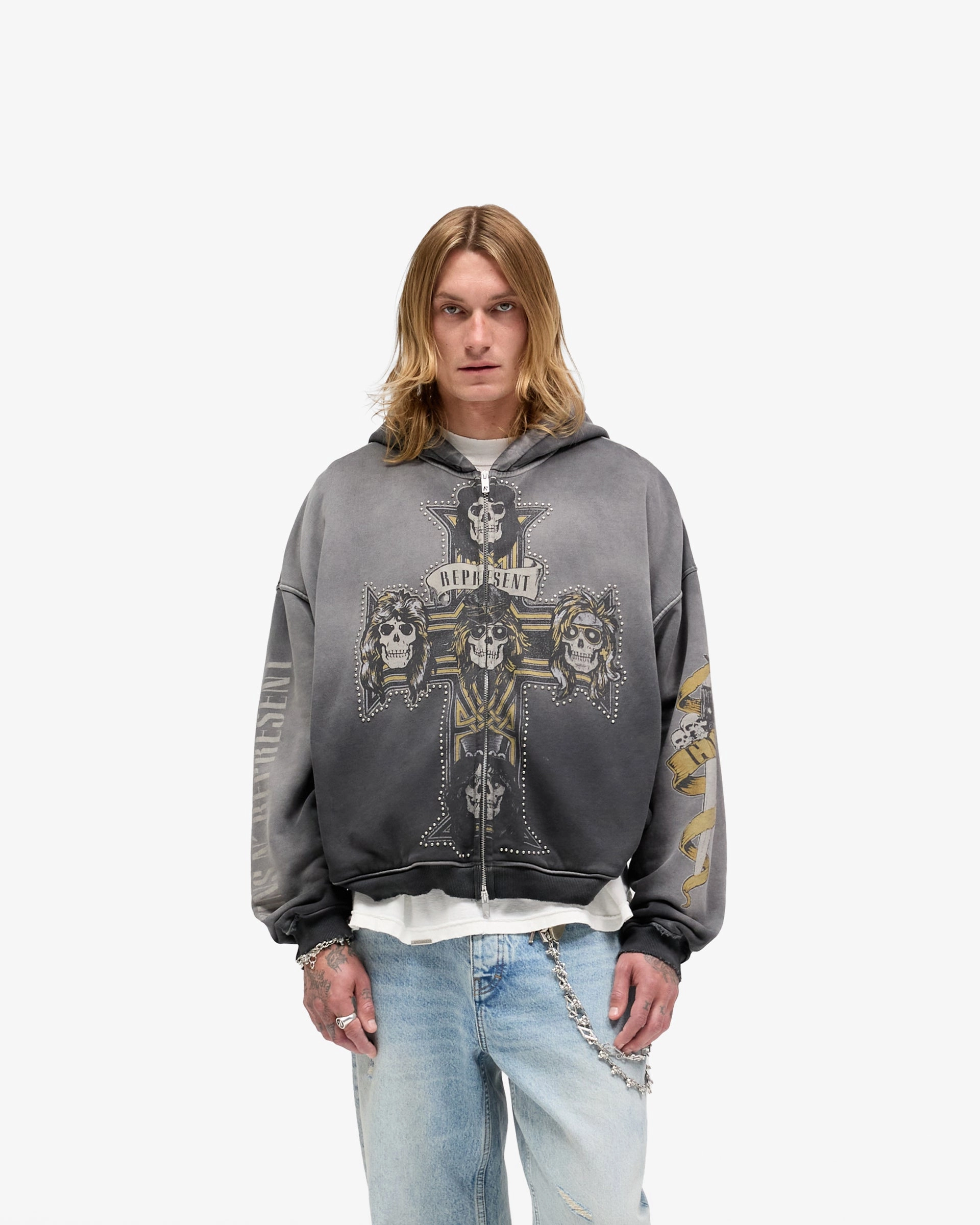 Represent X Guns N' Roses Cross Zip Through Hoodie - Stained Black Convertible Closure