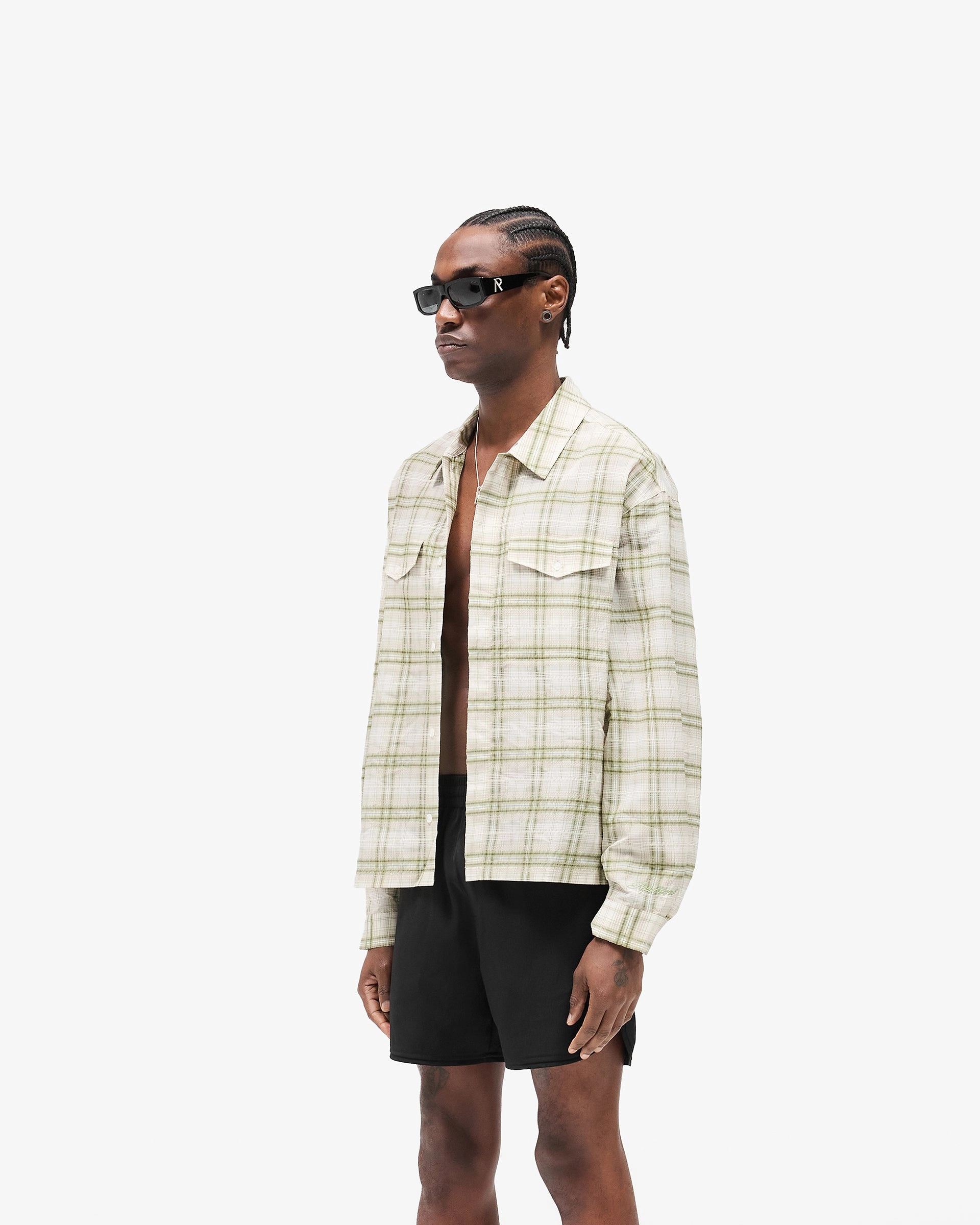 Static Dissipating Fiber Sheer Long Sleeve Flannel Shirt - Green