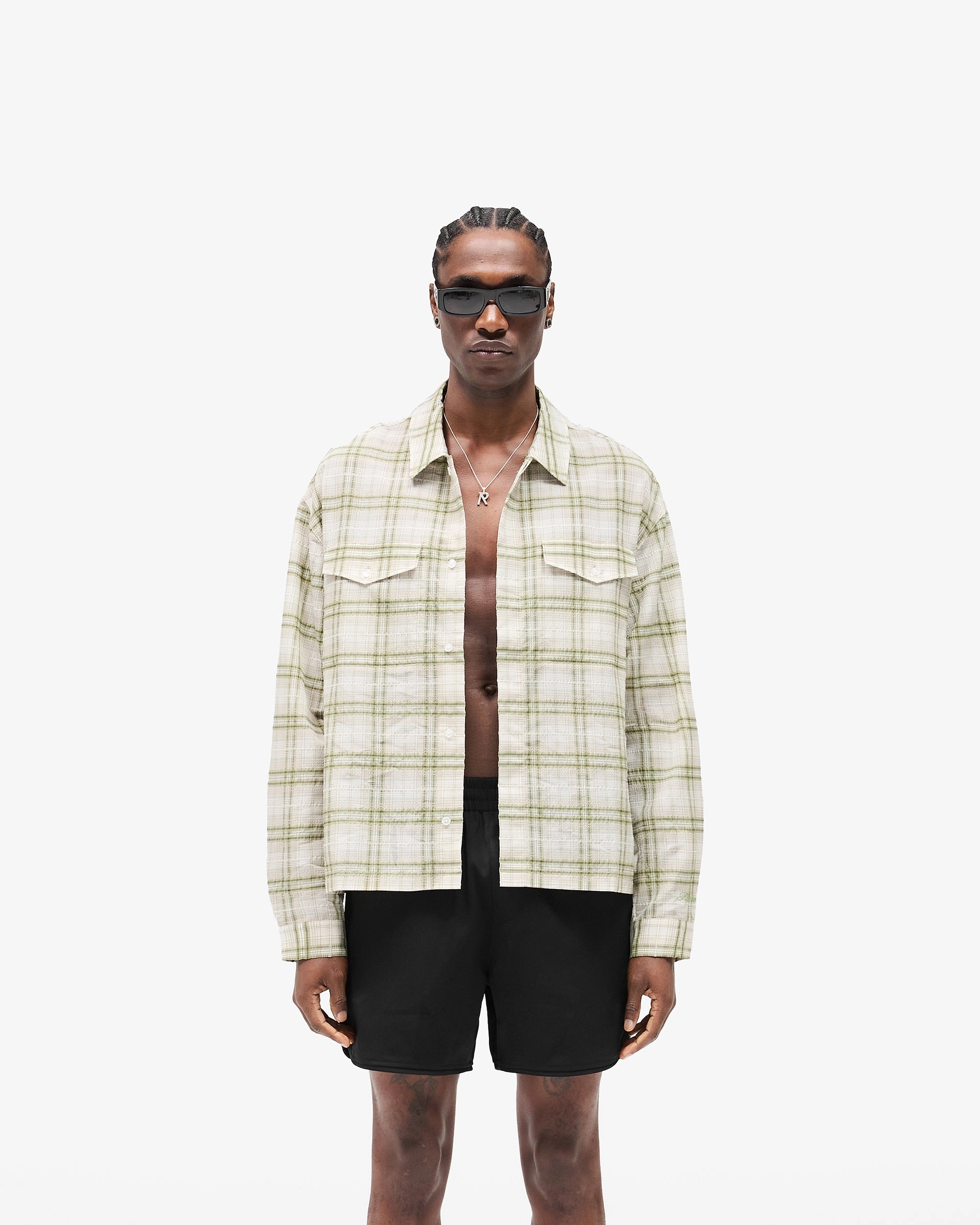 Unisex Design Sheer Long Sleeve Flannel Shirt - Green