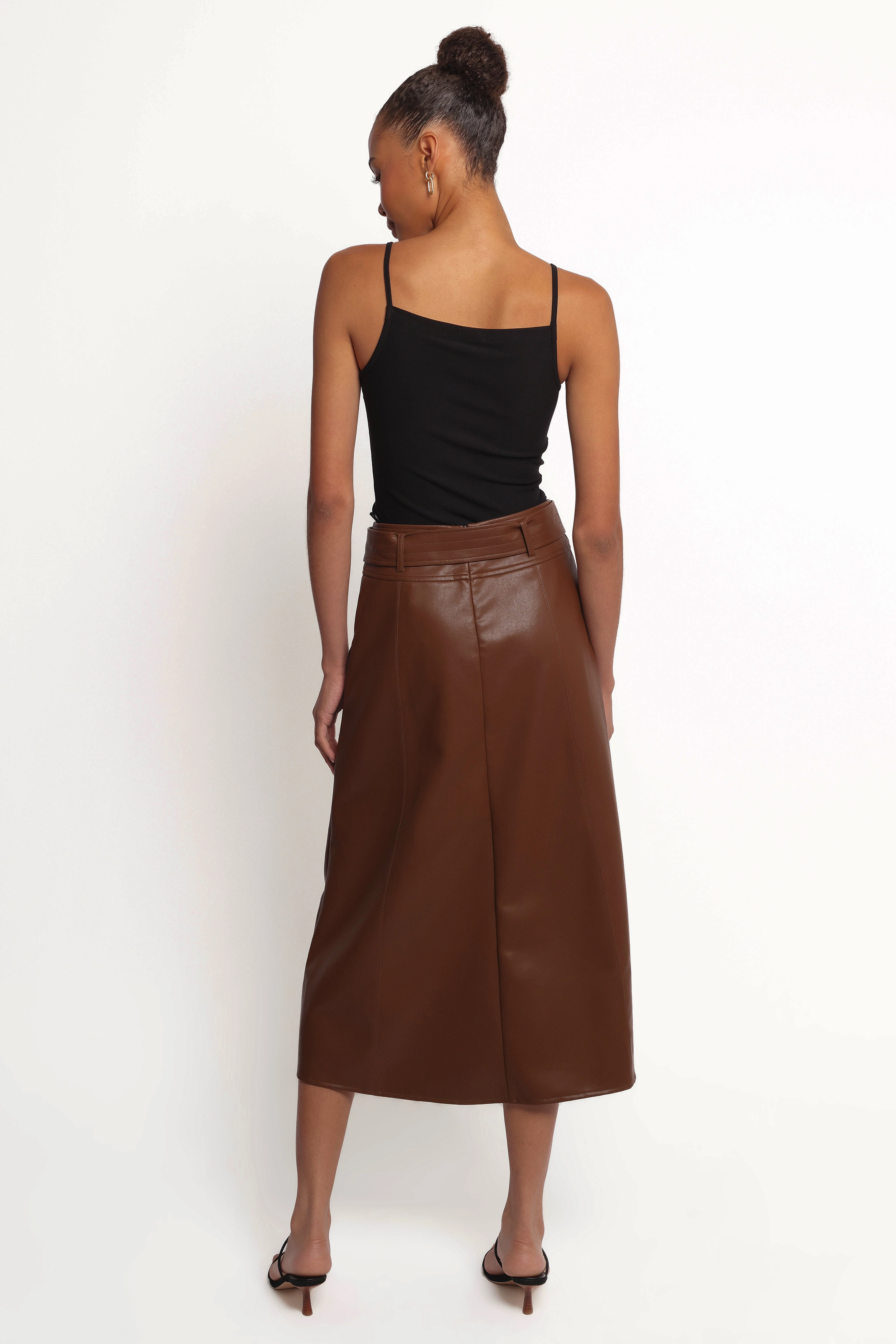 Adaline Faux Leather Midi Skirt - Brown Sleek Styling