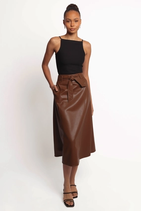 Vibrant Flow Soft Layers Adaline Faux Leather Midi Skirt - Brown