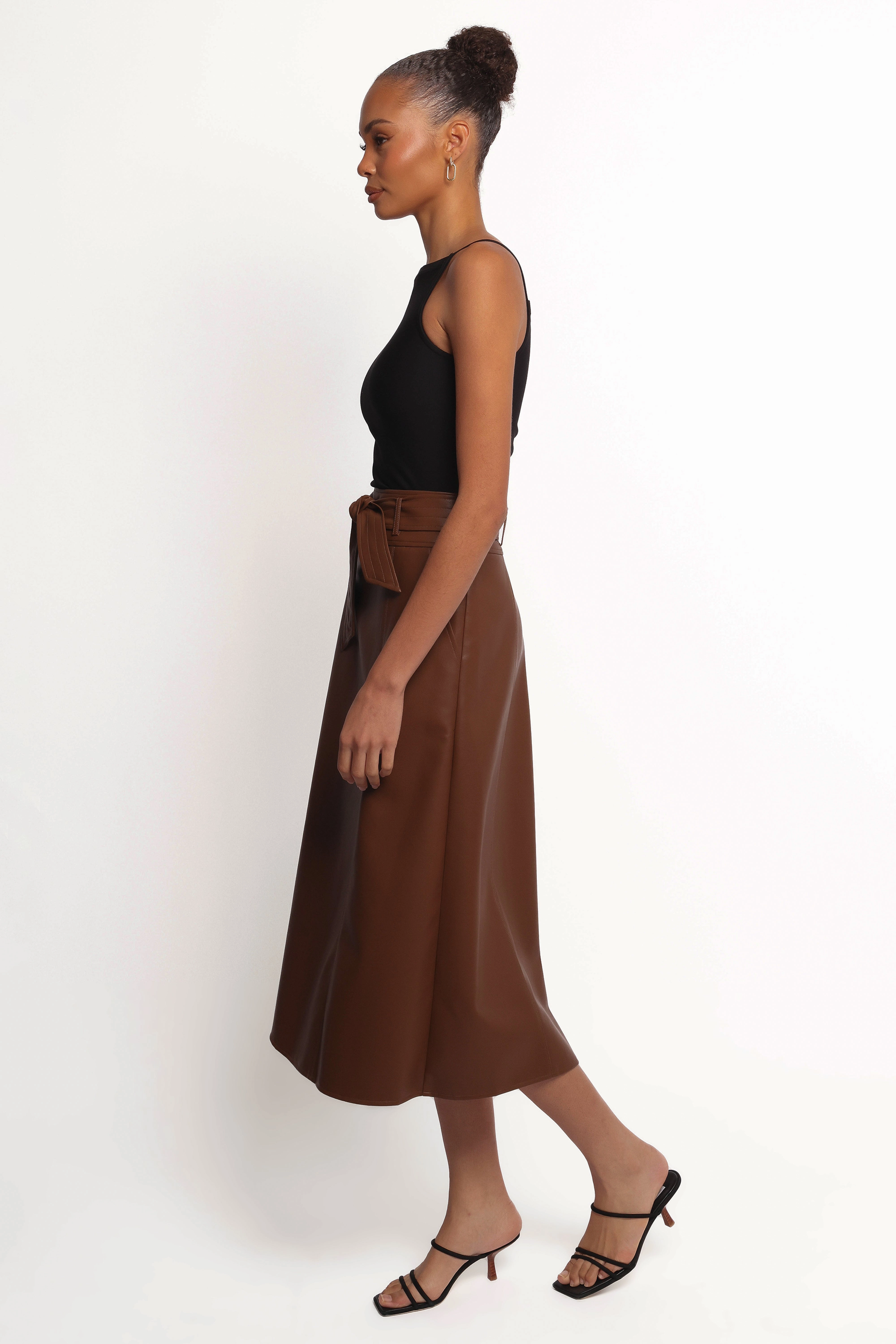 Adaline Faux Leather Midi Skirt - Brown Comfort Wear Tea length