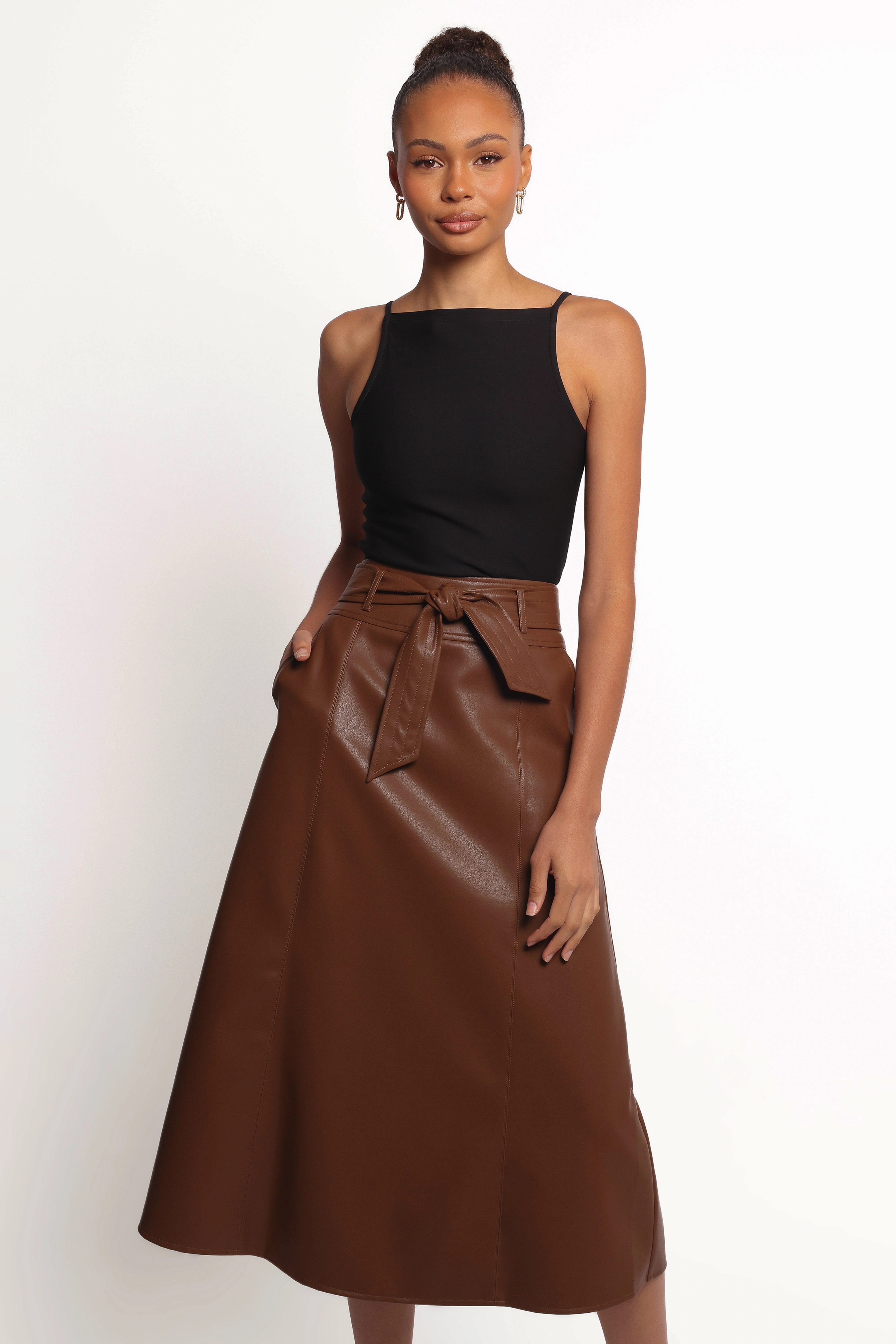 Adaline Faux Leather Midi Skirt - Brown light colors