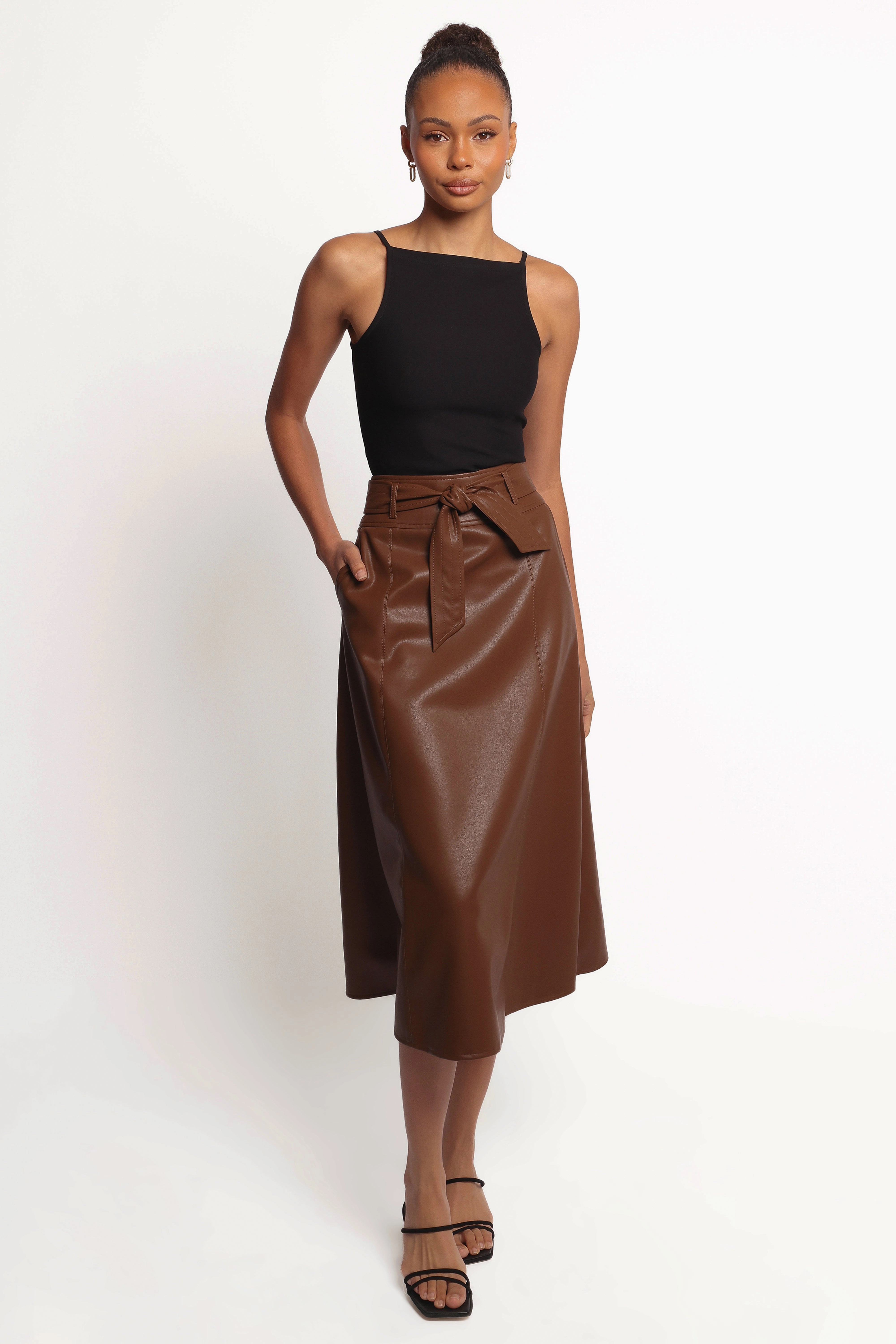 Vibrant Flow Soft Layers Adaline Faux Leather Midi Skirt - Brown