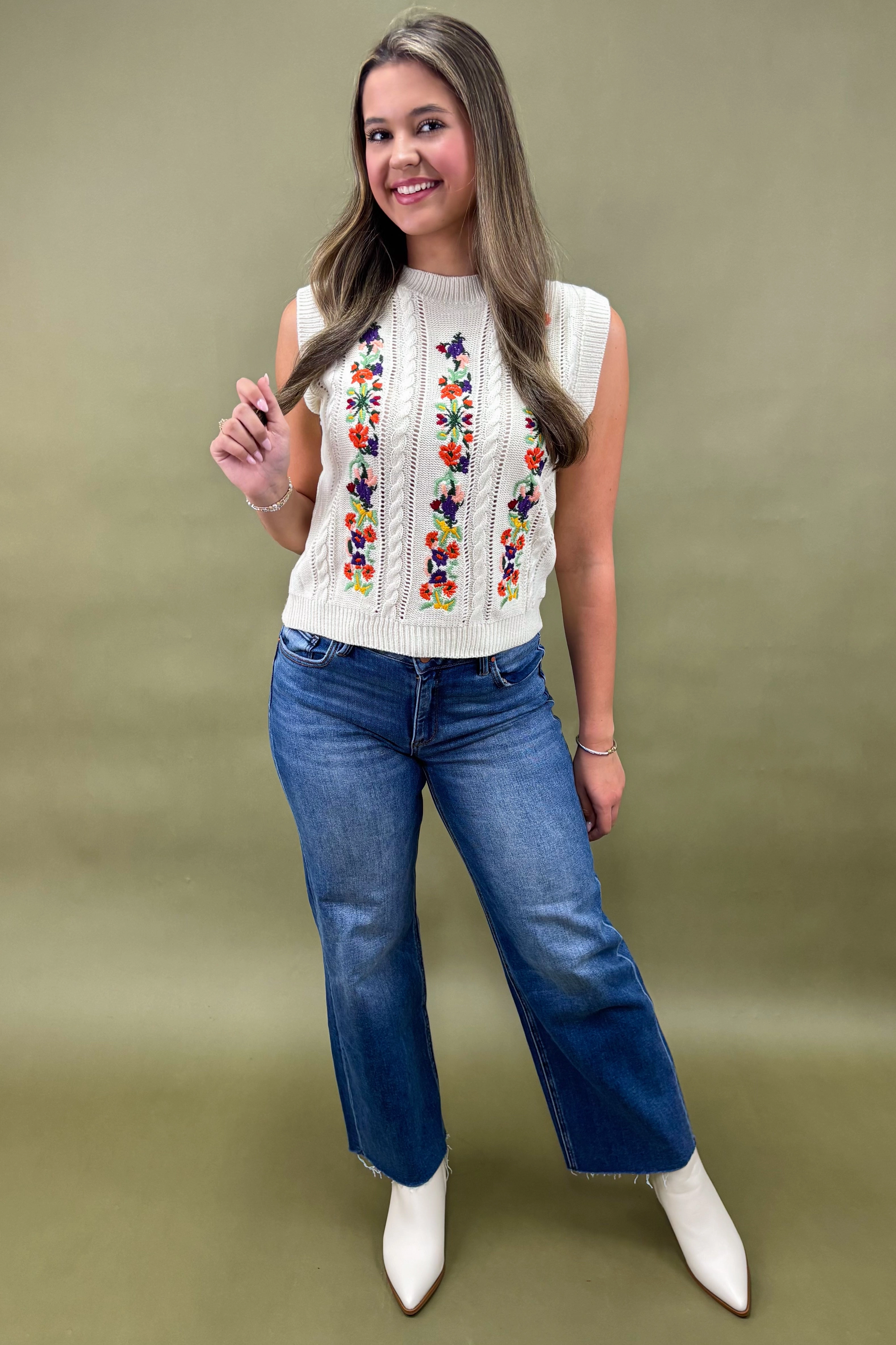Roll Up Sleeve Design Wildflower Fields Embroidered Sweater Vest