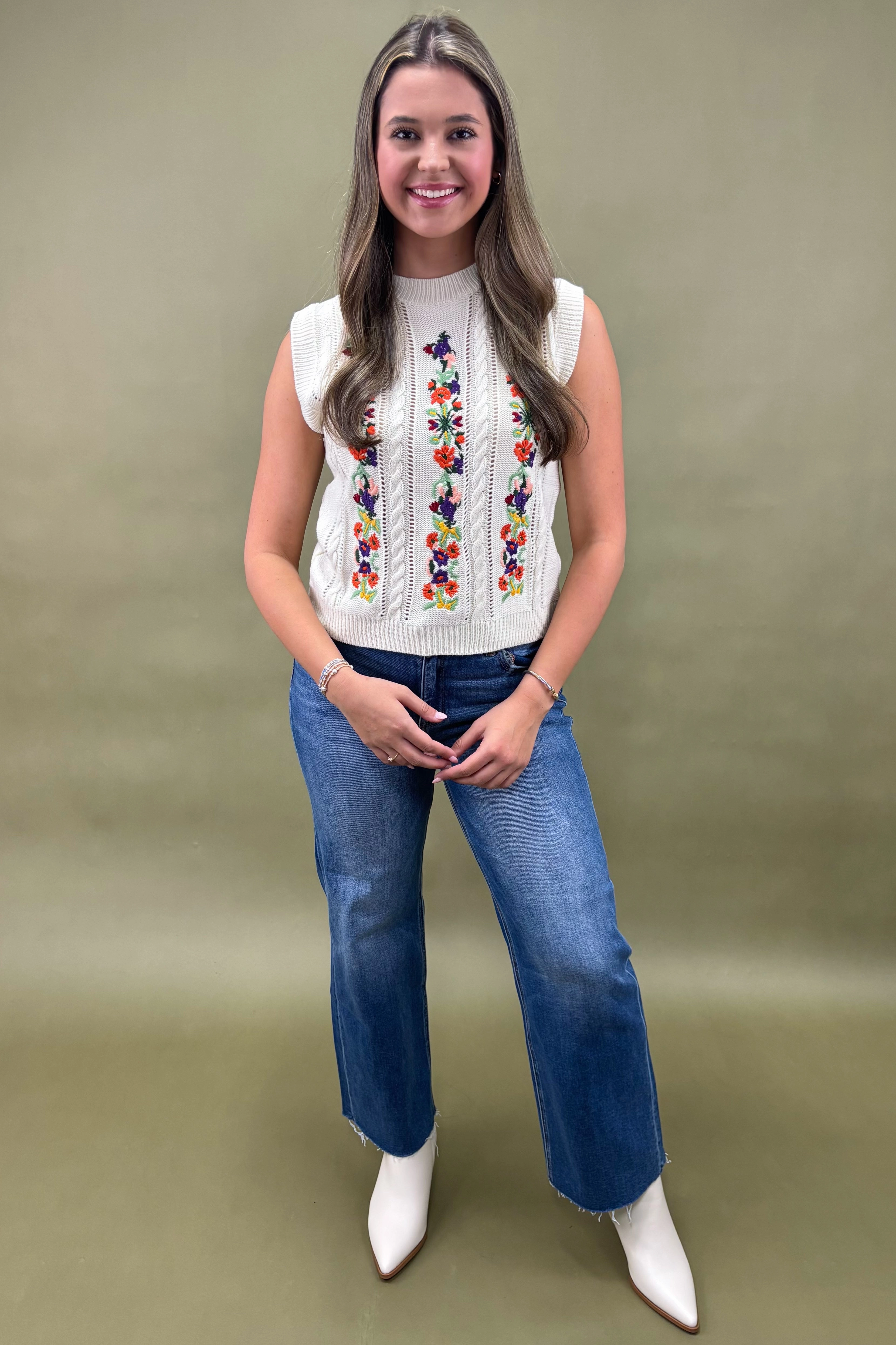 Wildflower Fields Embroidered Sweater Vest Durable Blend