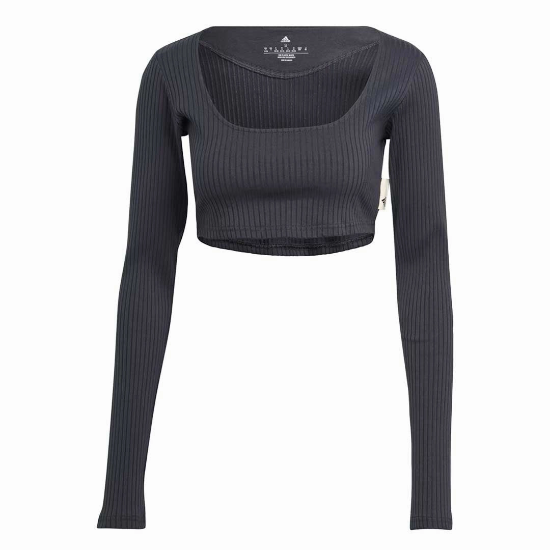 adidas - Women's Studio Lounge Ribbed Cropped Long Sleeve T-Shirt (HH8502) Secure Internal Pockets