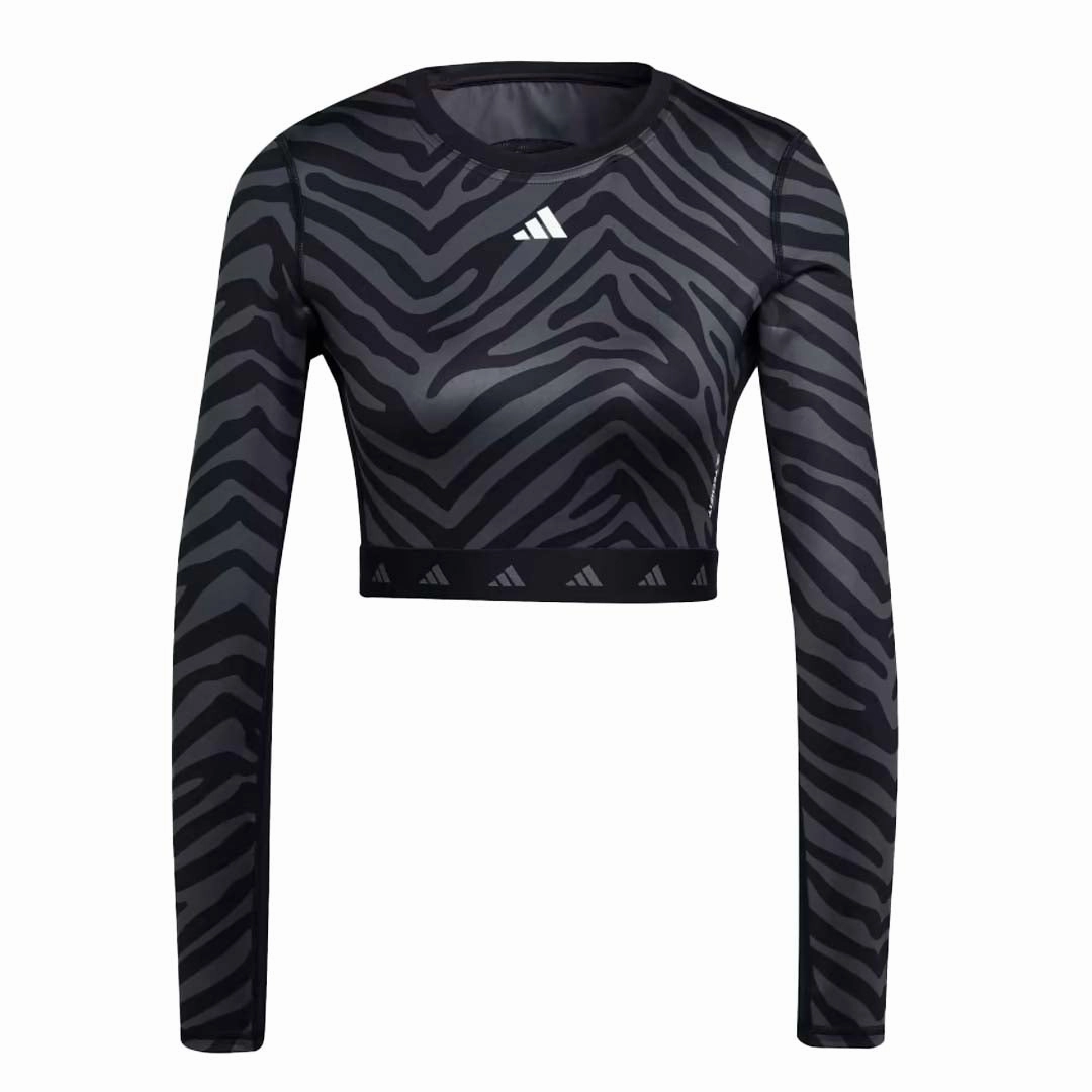 adidas - Women's Techfit Crop Long Sleeve Zebra T-Shirt (IB3609) Expandable Side Gussets Thermo Regulating Fabric