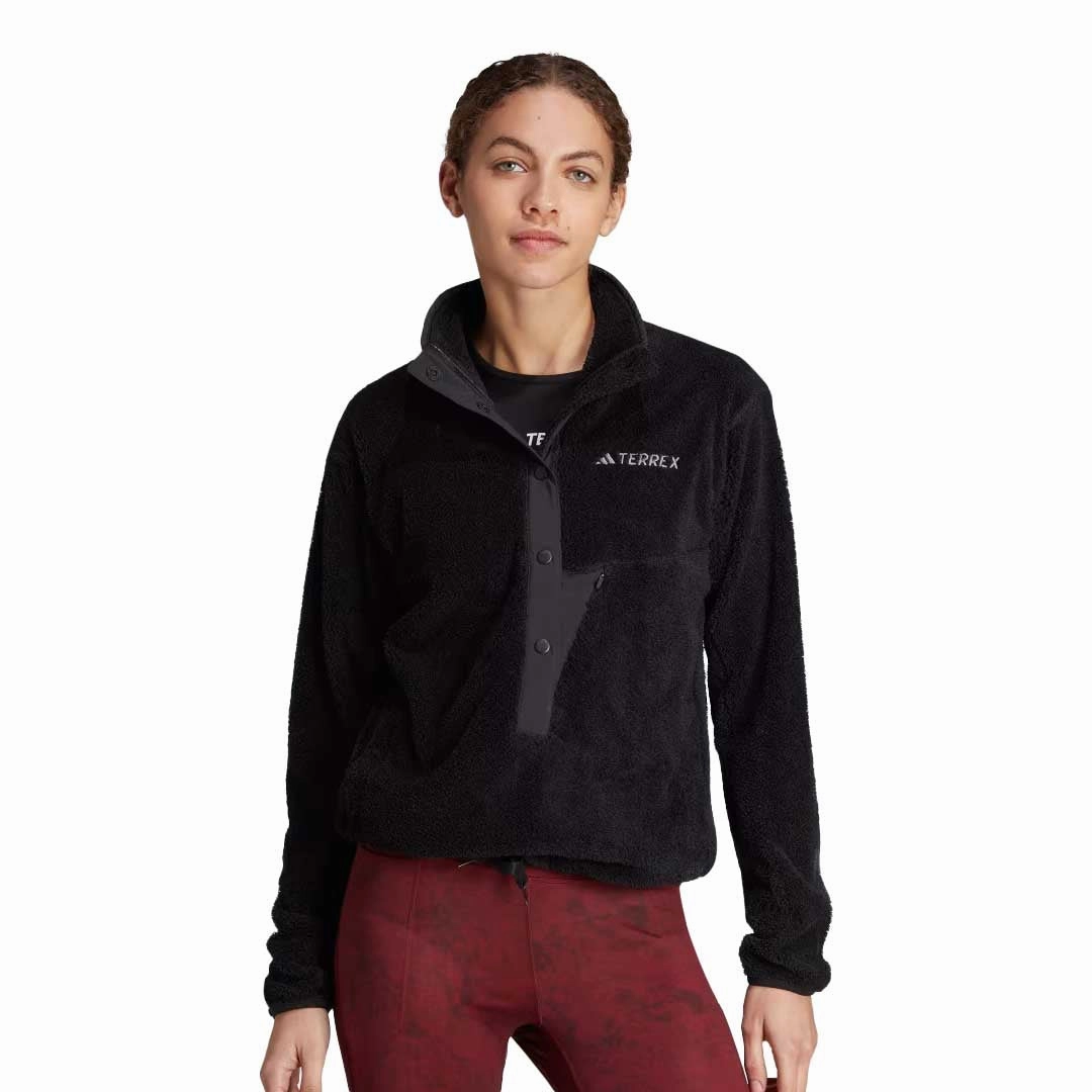 adidas - Women's Terrex Xploric High Pile Fleece Pullover Sweatshirt (IB6555) Pre Shrunk Cotton Blend Houndstooth Print