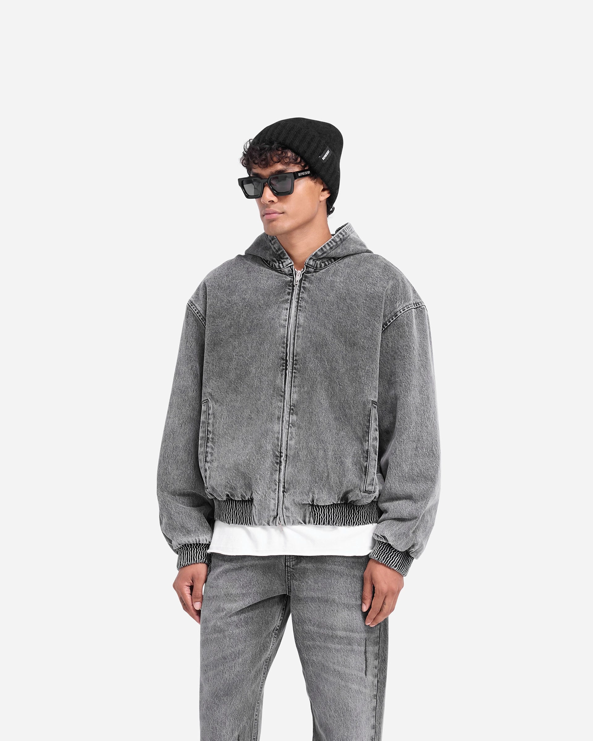 R5 Hooded Denim Bomber - Charcoal Grey WindResistant Coating Flexible Daily Fit