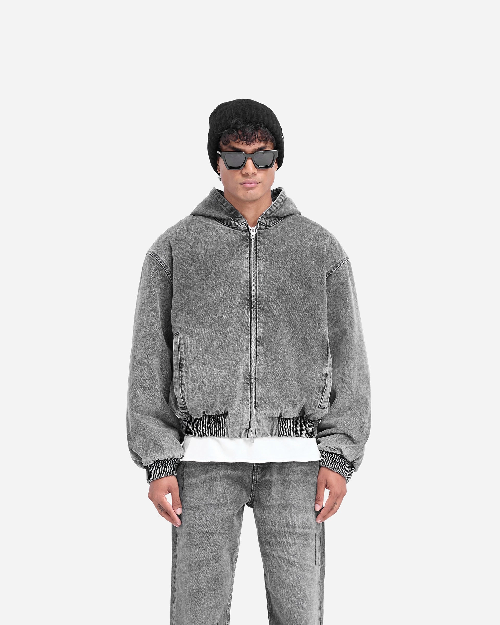 Crisp Layer Functional Zip Detail R5 Hooded Denim Bomber - Charcoal Grey