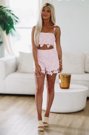 Adore Me Two Piece Crop Top and Short Set - Pink SheerLayering Self Fabric Tie Closure