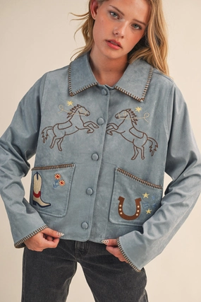 Bronco Babe Embroidered Suede Jacket NoSlipGripperBand Distressed Texture