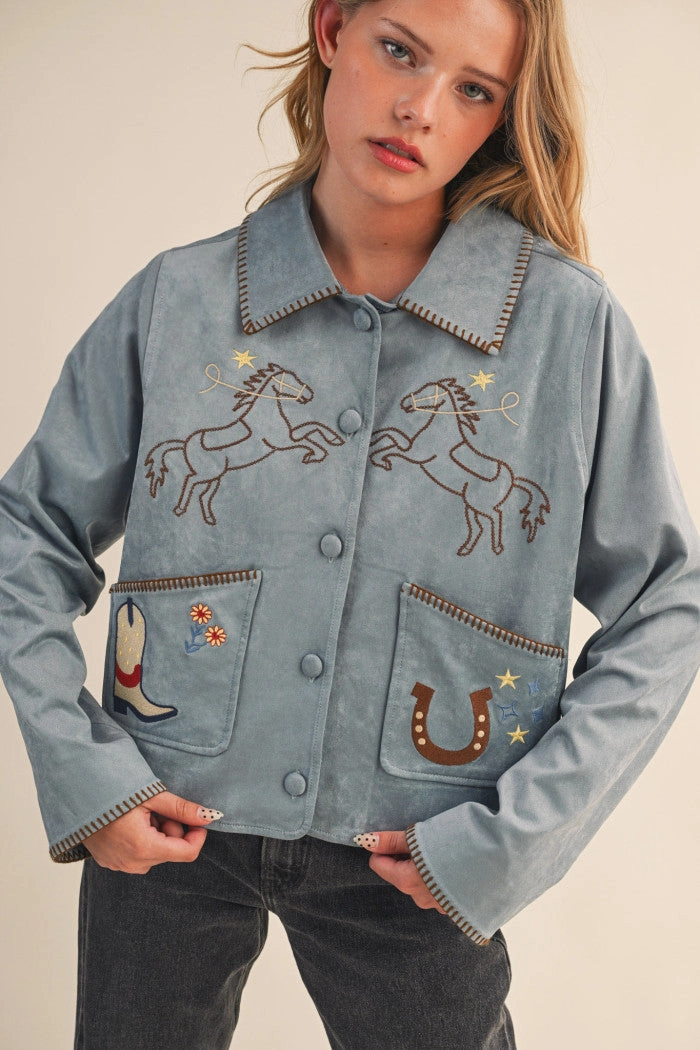 Bronco Babe Embroidered Suede Jacket NoSlipGripperBand Distressed Texture
