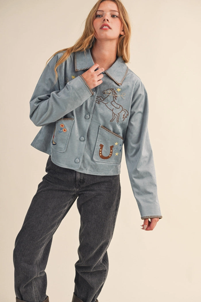 AllDay Comfort StretchFit Design Bronco Babe Embroidered Suede Jacket
