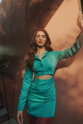 Kim's Green Blazer Dress Ventilation Vents Ergonomic Shoulder Cut