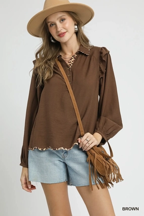 Basic Dress WaterRepellent Coating Chocolate Brown Long Sleeve Top w/ Leopard Trim