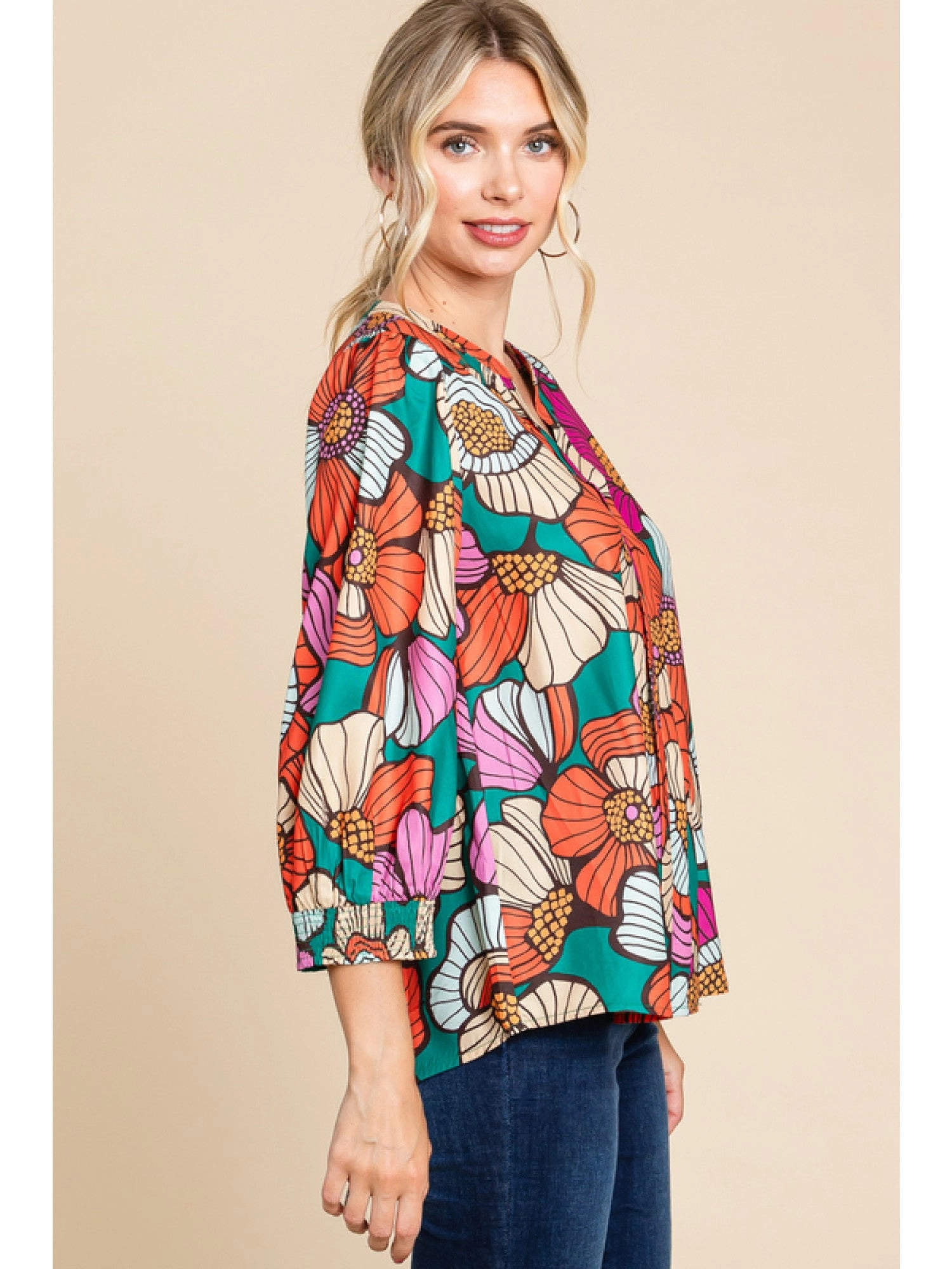 Bold Floral 3/4 Sleeve Top ReinforcedEdges Odor Control Technology