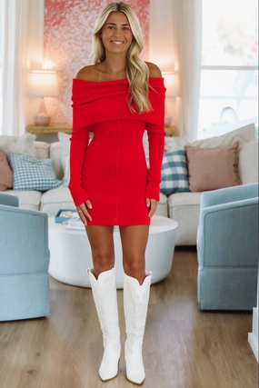 Siren Stitch Sweater Mini Dress - Red FlatlockSeams Non Restrictive Collar