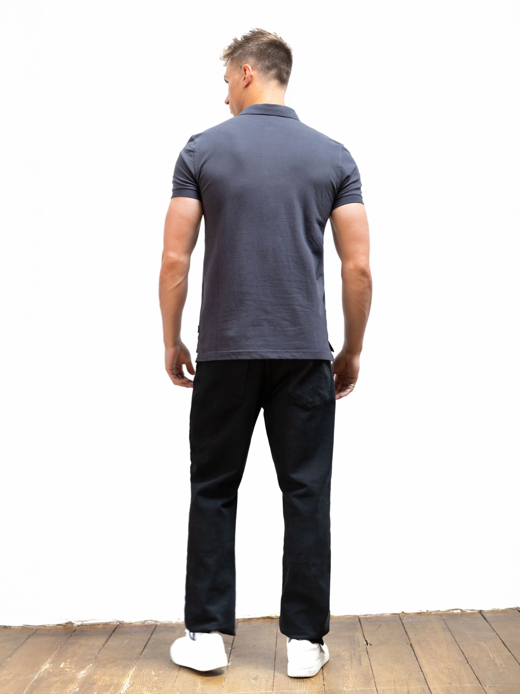 Round Collar Structured Shoulder Support Anchor Polo Shirt - Charcoal