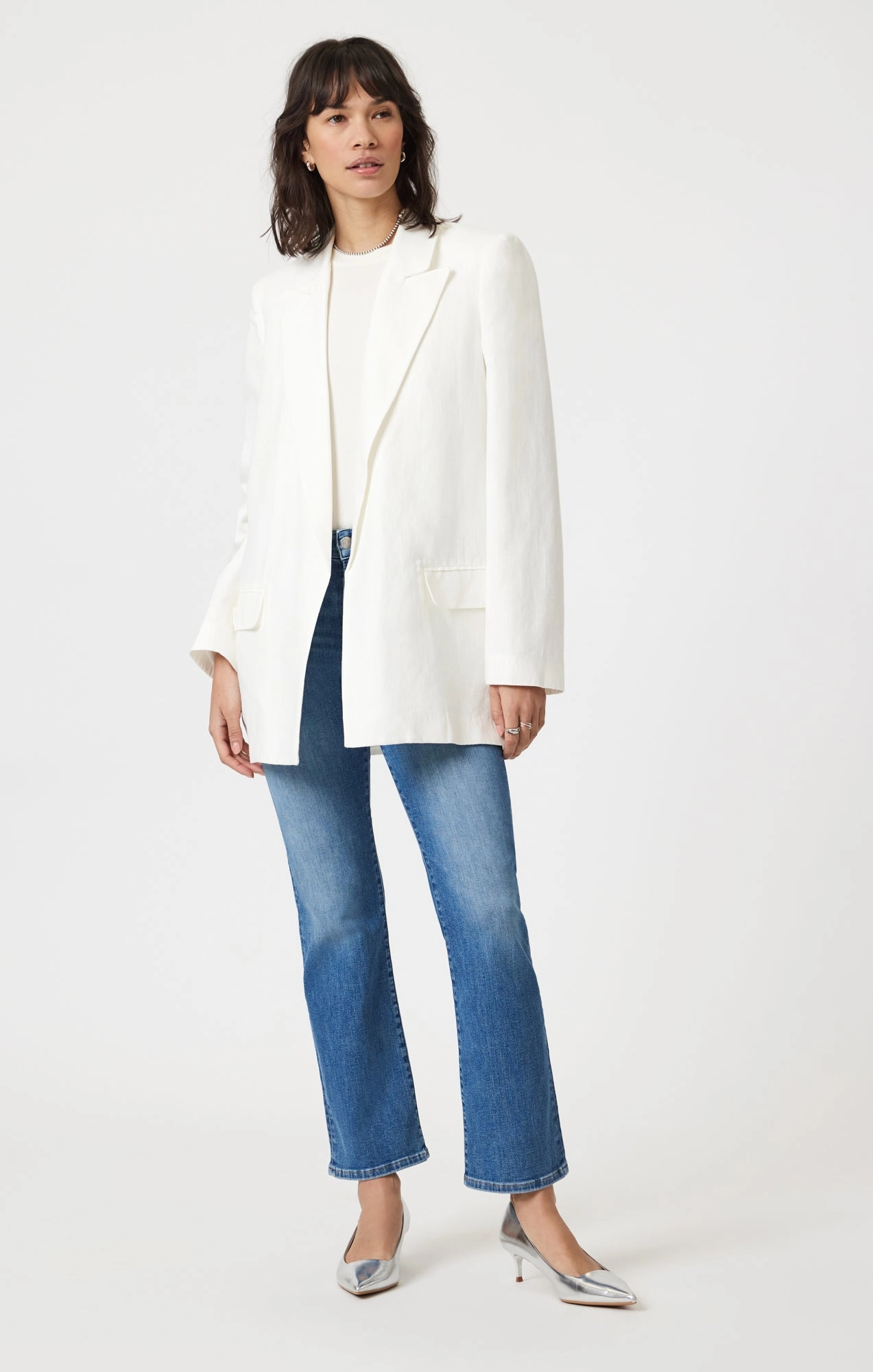 Elegant Travel Outfit Minimalist Style Movement Friendly ANIKA CROPPED FLARE IN MID BRUSHED FLEX BLUE