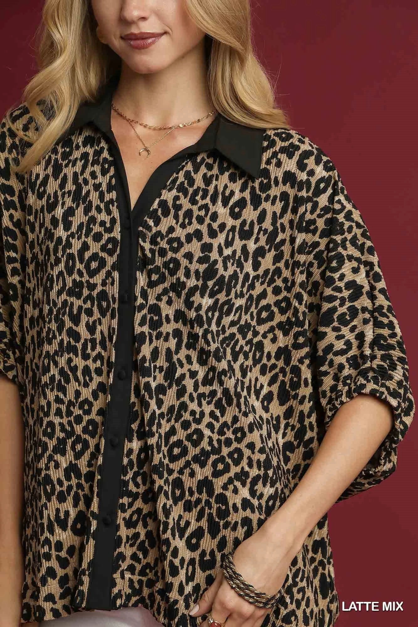 Animal Jacquard Button Down Tunic Top Noise Reduced Zipper