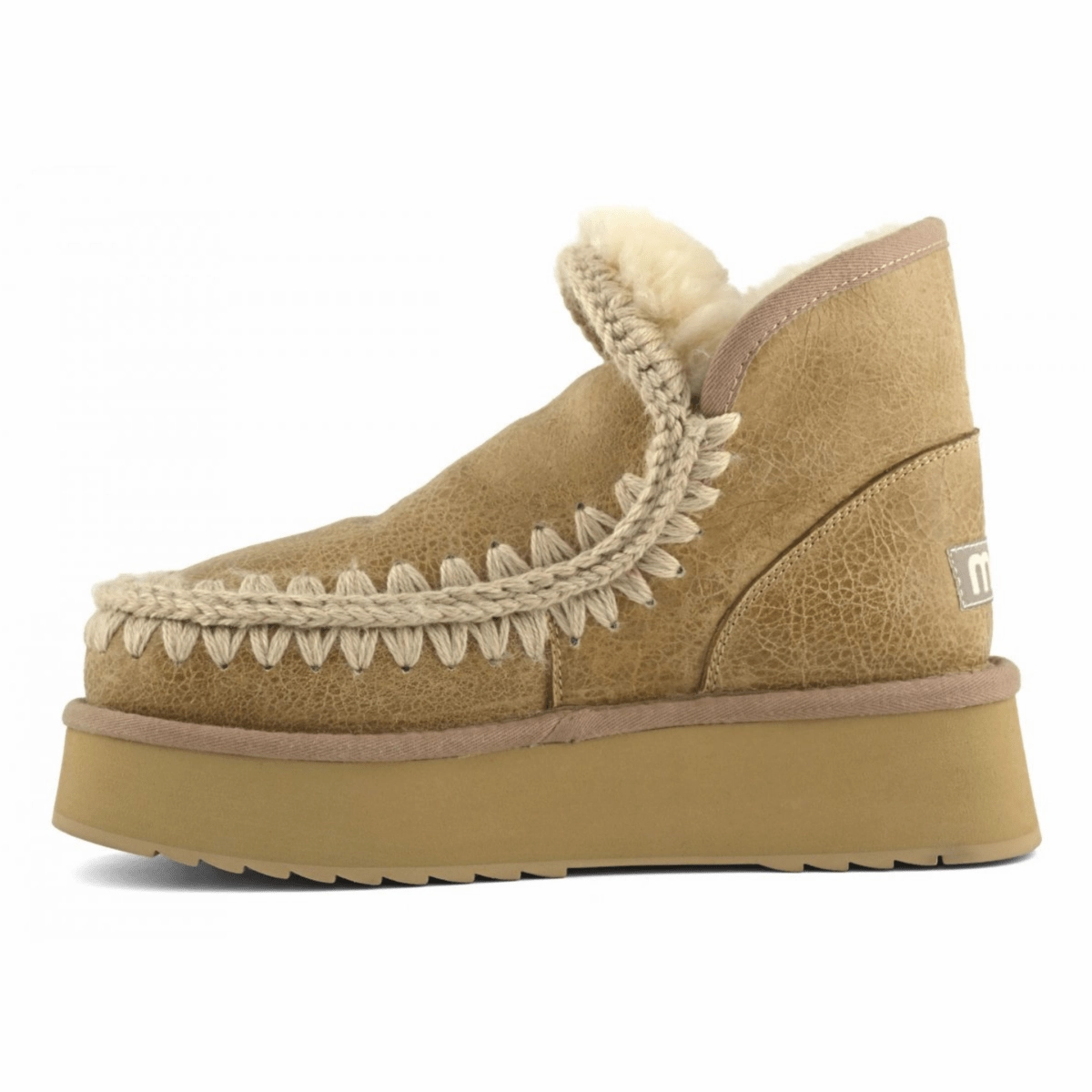 Noise Reducing Sole MOU Women's Mini Eskimo Platform Boot Crackled Old Beige Special Leather