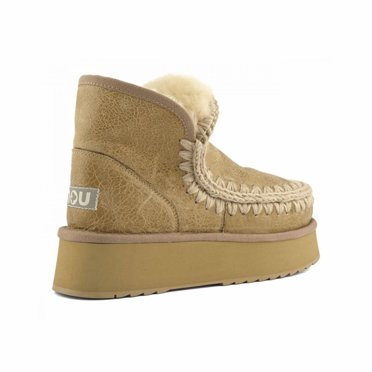 MOU Women's Mini Eskimo Platform Boot Crackled Old Beige Special Leather Gold Shine Suede Feel