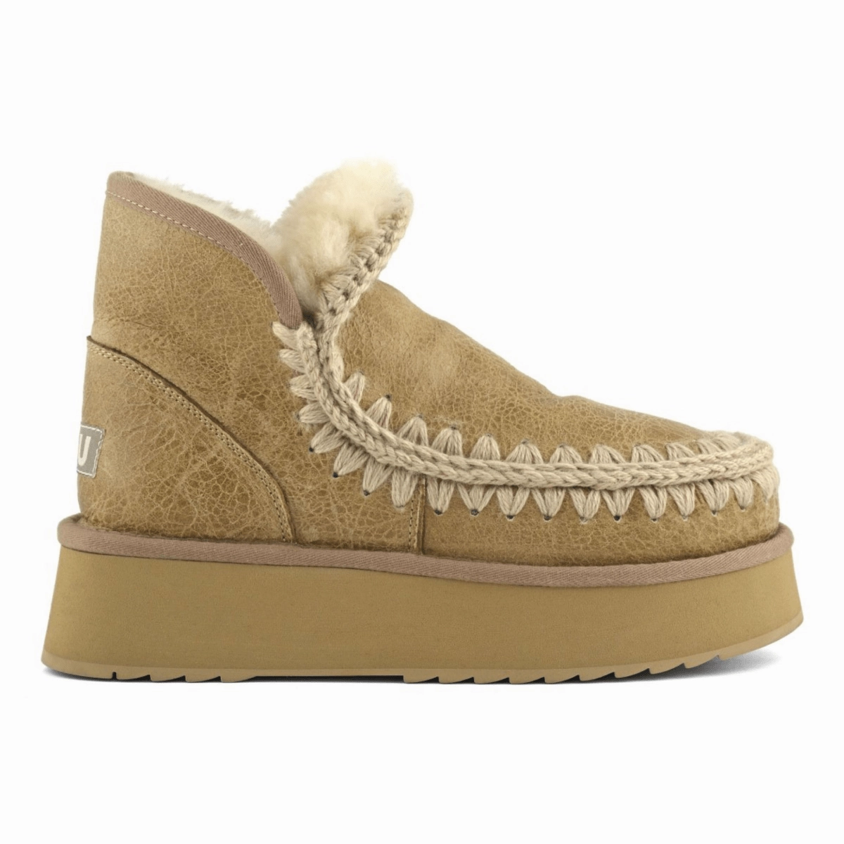 Rubber Tread Pattern Rugged Protection MOU Women's Mini Eskimo Platform Boot Crackled Old Beige Special Leather