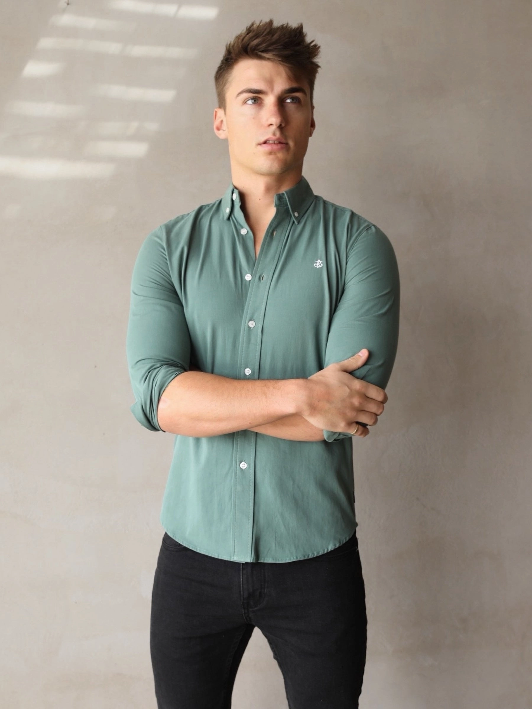 Newburgh Slim Fit Shirt - Forest Green Sheer Panel