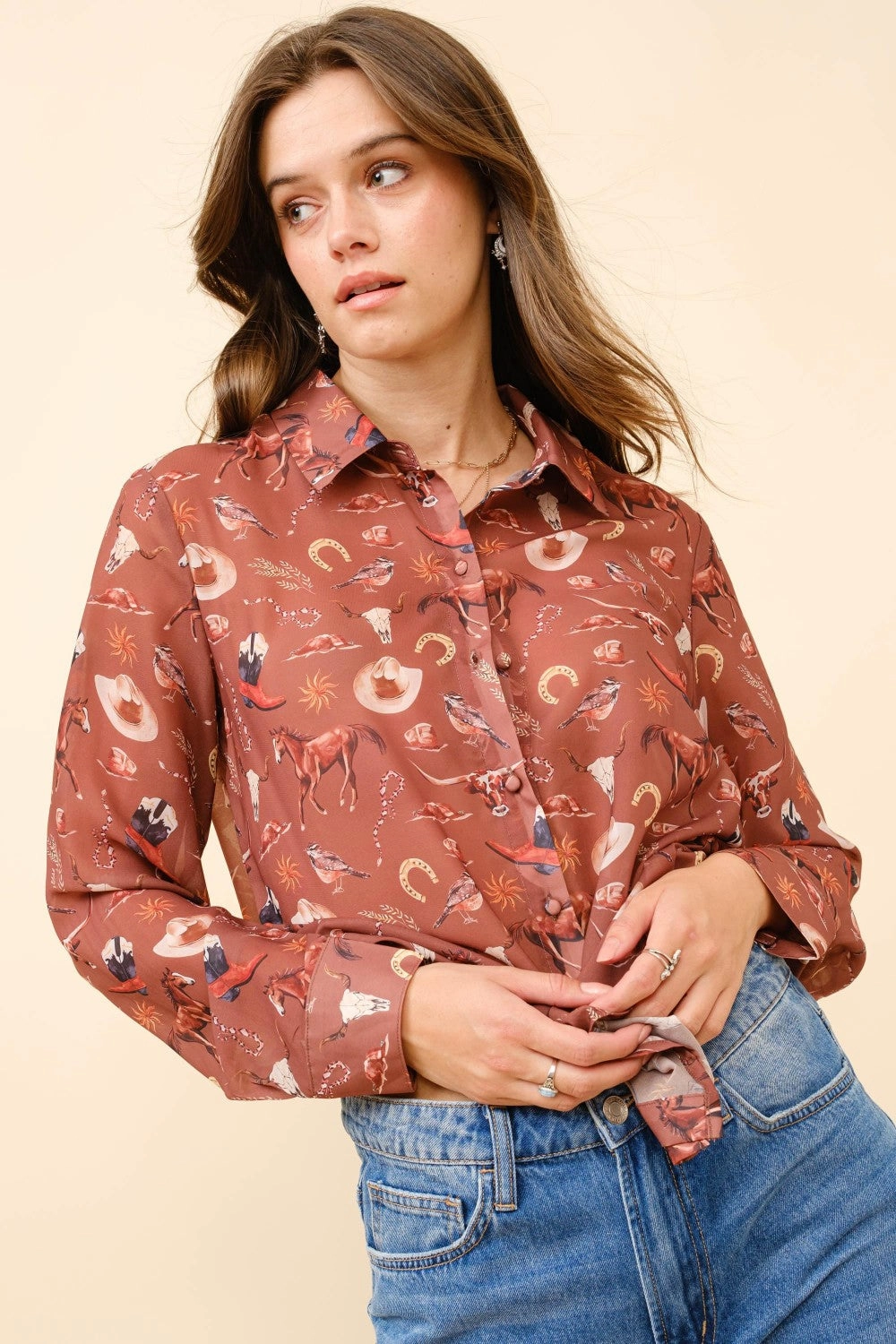 RollUpSleeves Western Print Chiffon Button  Up Blouse