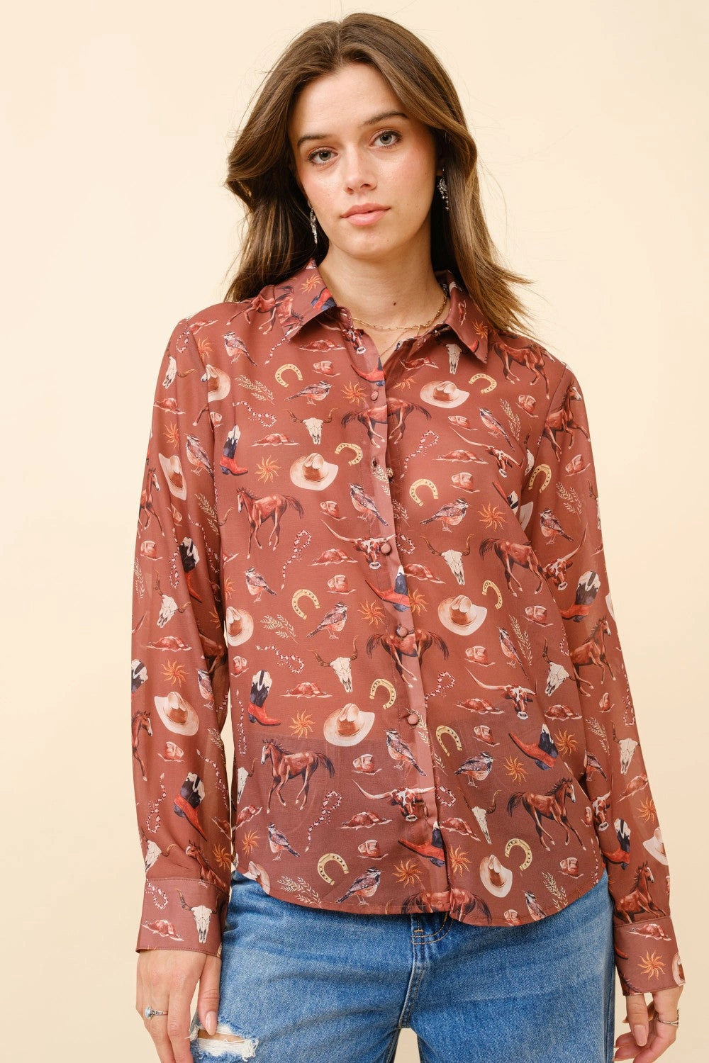 Durable Reinforced Elbows Friction Resistant Finish Western Print Chiffon Button  Up Blouse