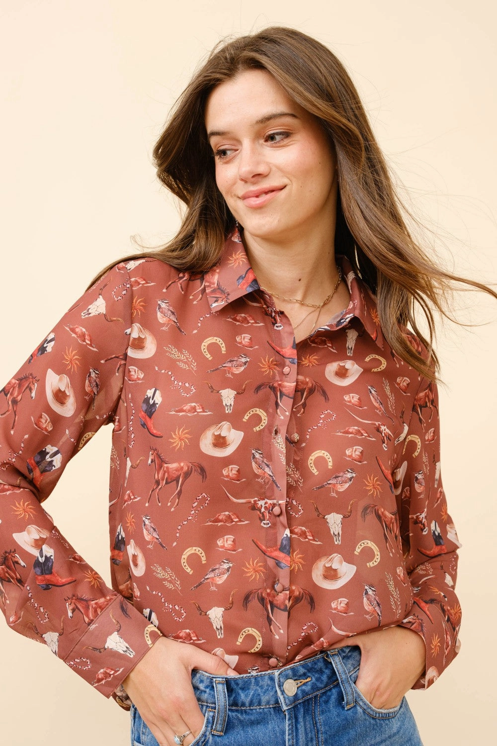 Western Print Chiffon Button  Up Blouse Contrast Stitch Detail