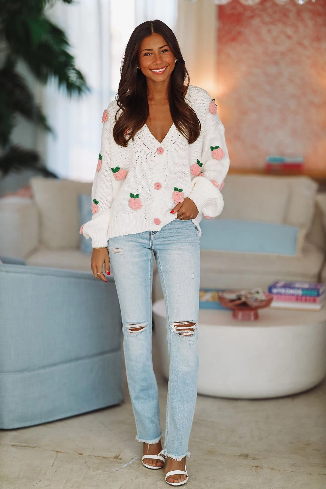 Upgraded Cozy Cardigan Sweater - White and Pink Printed top Ventilated Mesh Panels