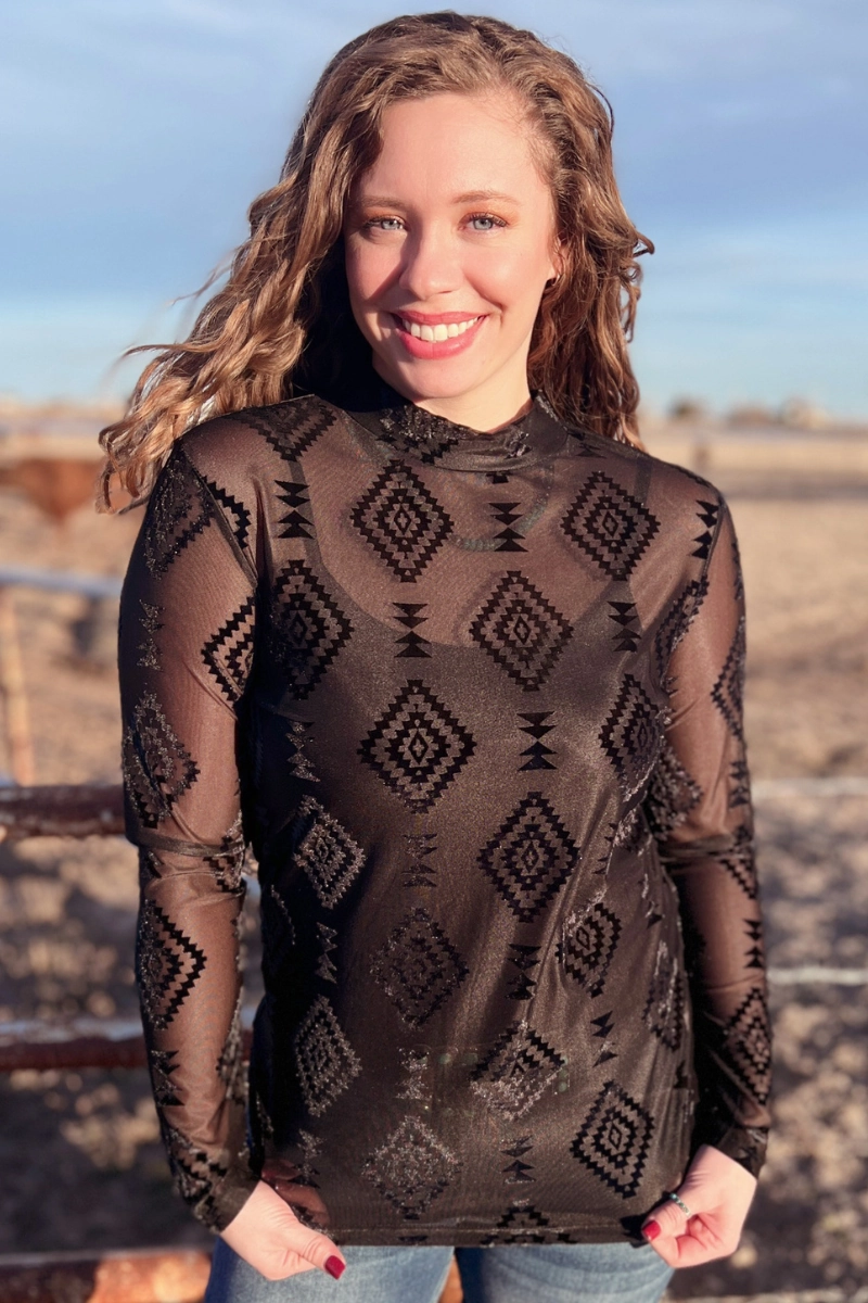 Berlin Black Long Sleeve Velvet Mesh Top V-neck Blouse