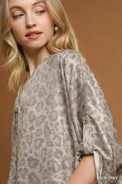 Cool Grey Leopard Print Top Low Profile Waistband Integration WrinkleResistant