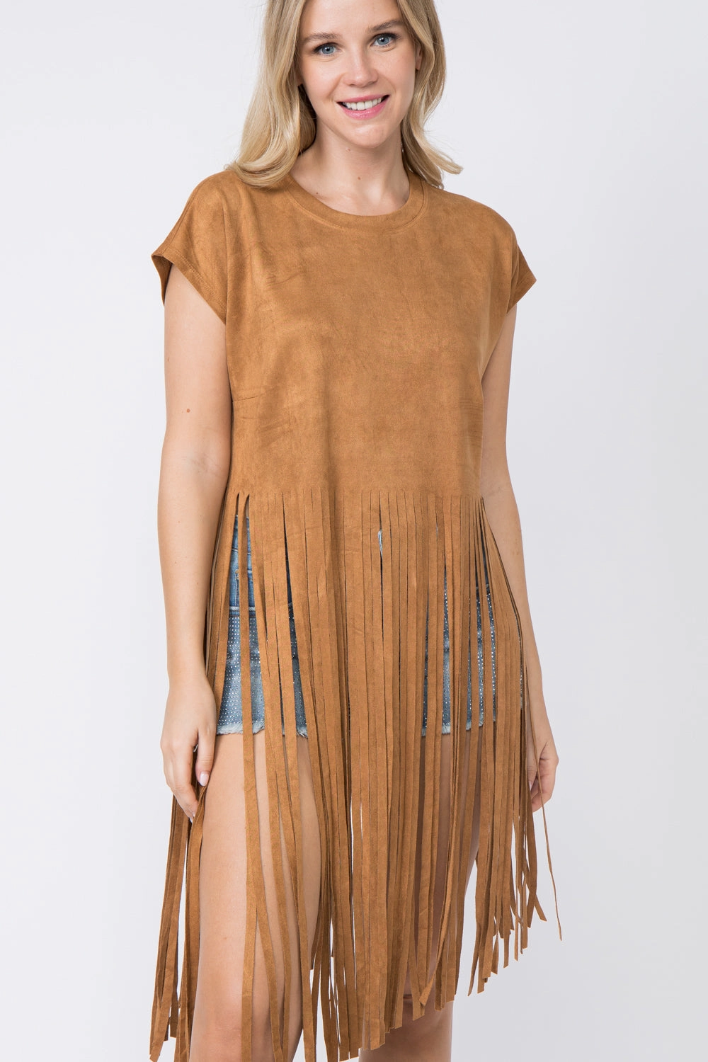 ContouredPanels Camel Faux Suede Short Sleeve Fringed Top