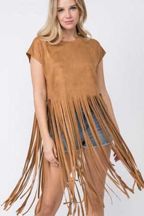 Multi Directional Zipper Placement Camel Faux Suede Short Sleeve Fringed Top