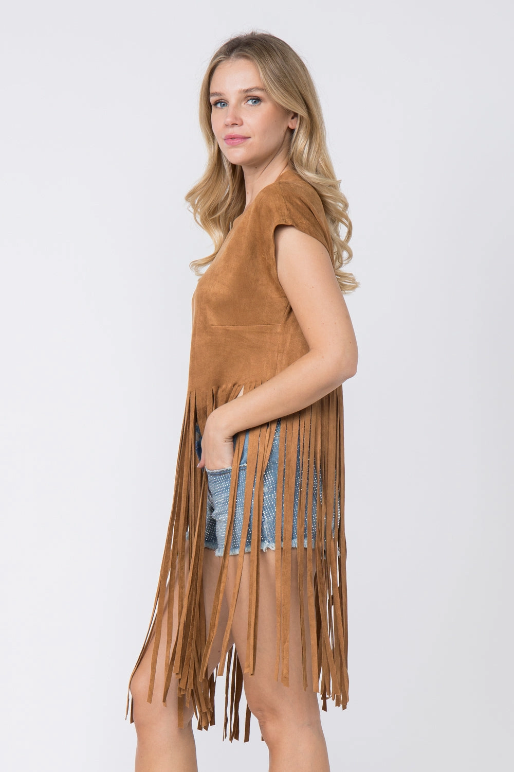 HoodedVersion Ventilated Panels Camel Faux Suede Short Sleeve Fringed Top