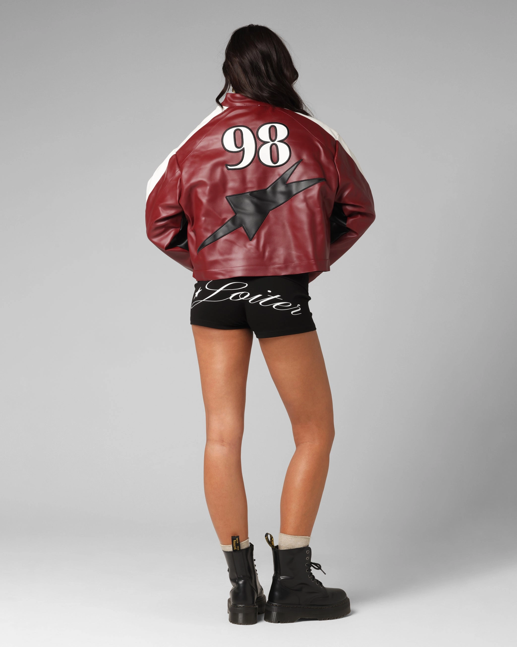 Functional Zip Detail Loiter Women's Engine Cropped Vegan Leather Jacket Red