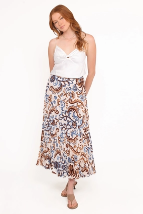 Road Trip Aoife Pleated Midi Skirt - Ivory Brown Blue