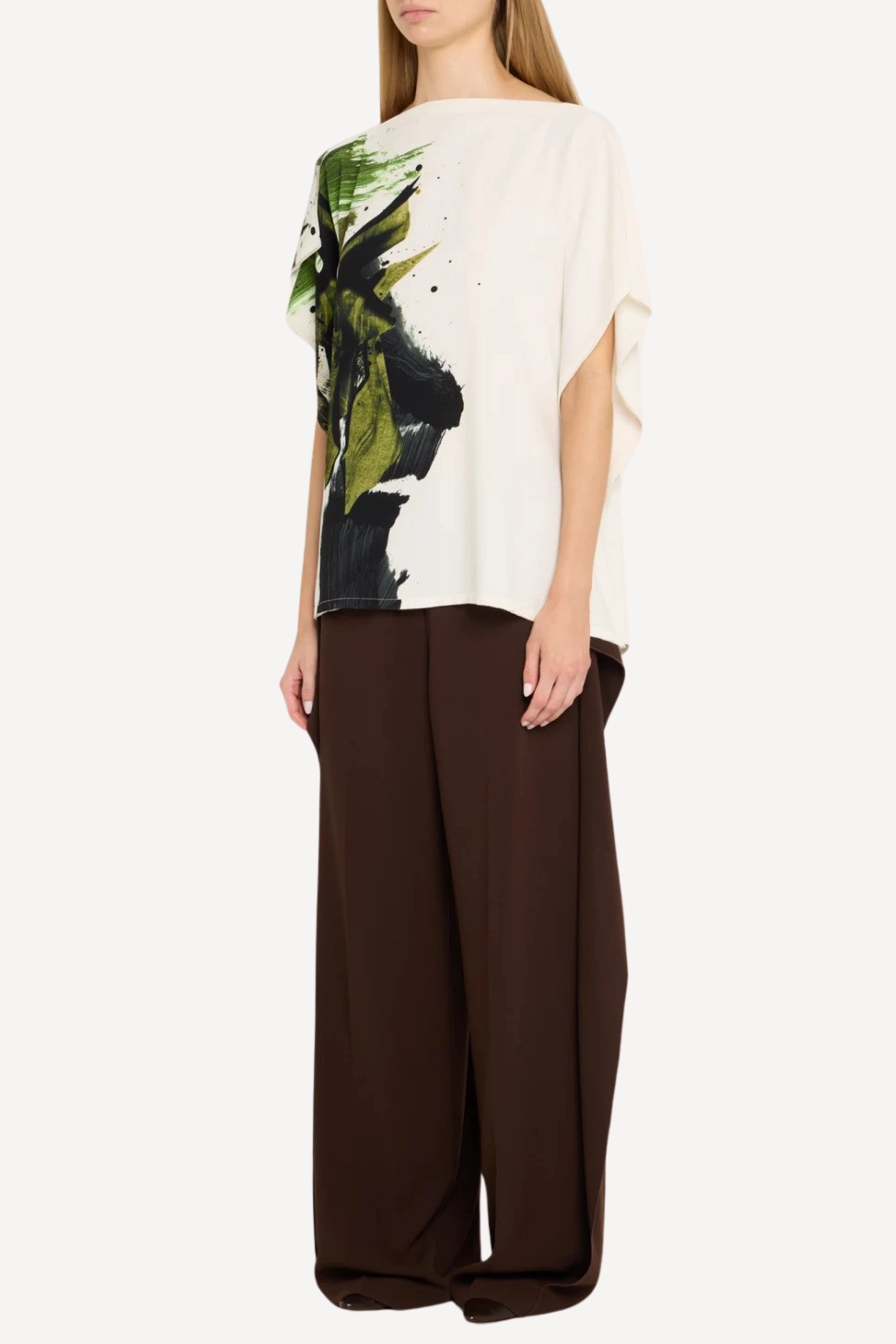 Raglan Sleeve ASYMMETRICAL BRUSHSTROKE PRINTED CREPE BOATNECK TOP