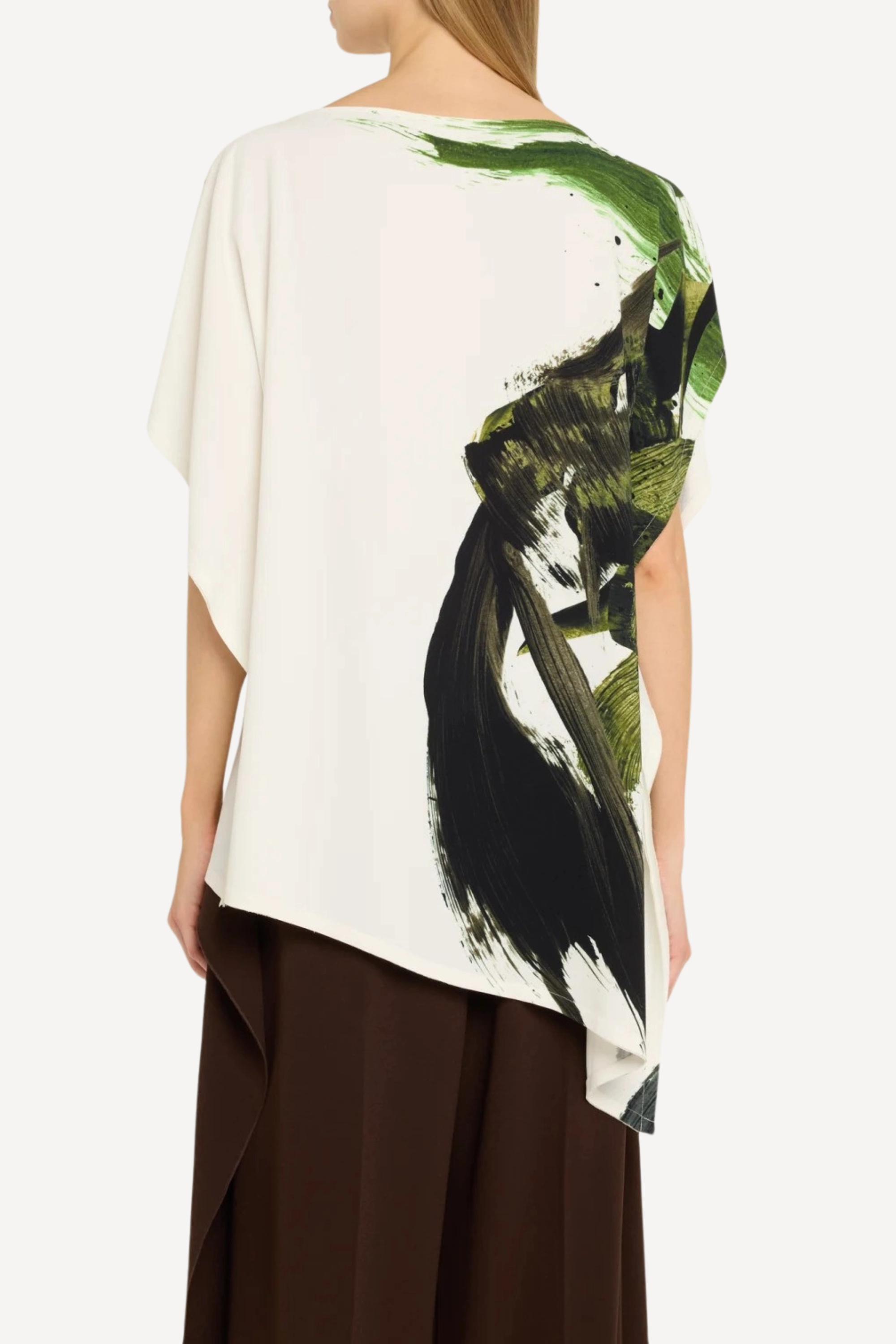 ASYMMETRICAL BRUSHSTROKE PRINTED CREPE BOATNECK TOP Relaxed Fit Shirt Office Look