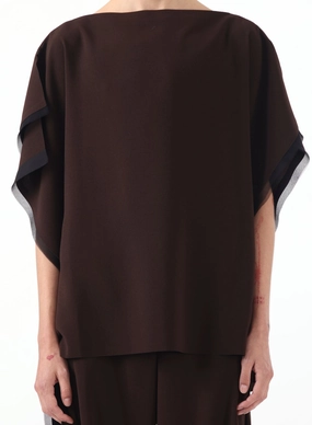 HighNeckline Breathable Linen Blend ASYMMETRICAL CREPE BOATNECK TOP WITH ORGANZA TRIM