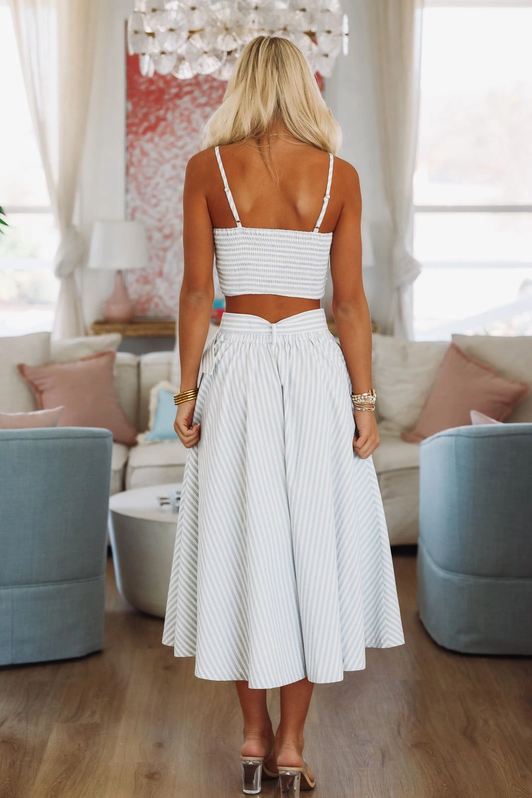 Veranda Views Crop Top and Maxi Skirt Set - Blue and White Midweight Texture PolyesterBlend